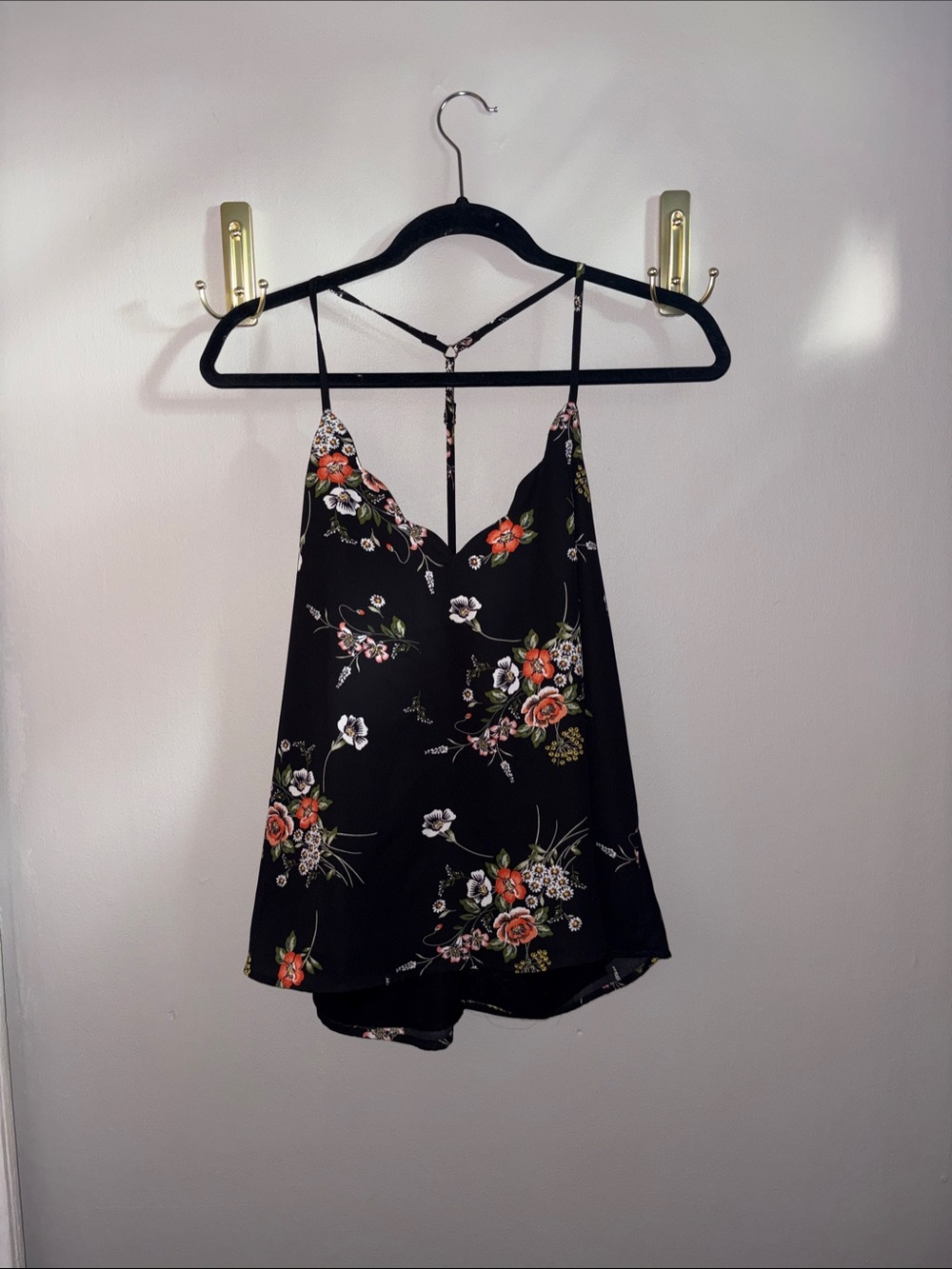Floral Racer Back, V-Neck Cami Top - Black with Orange Floral.